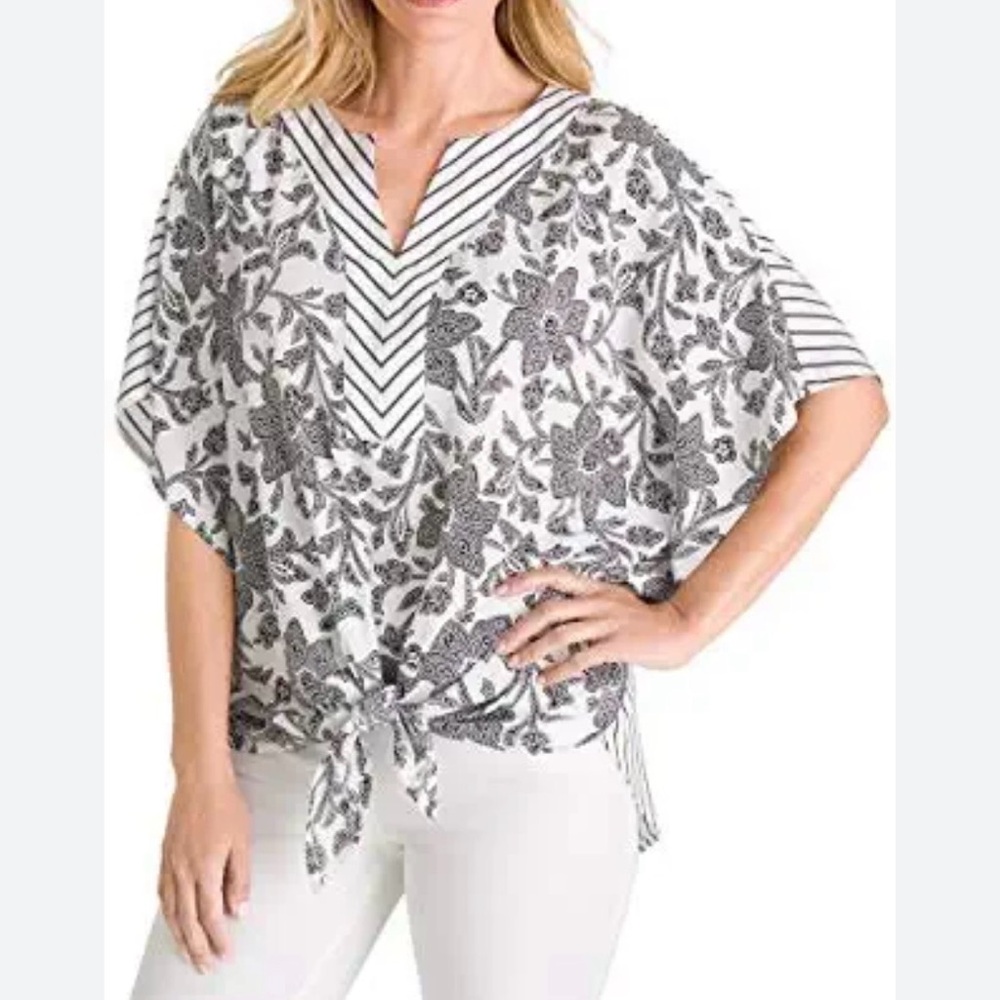 CHICO'S Flutter Sleeve Tie Front Catalina Mix Top. Black White. NWT. 1 or Medium